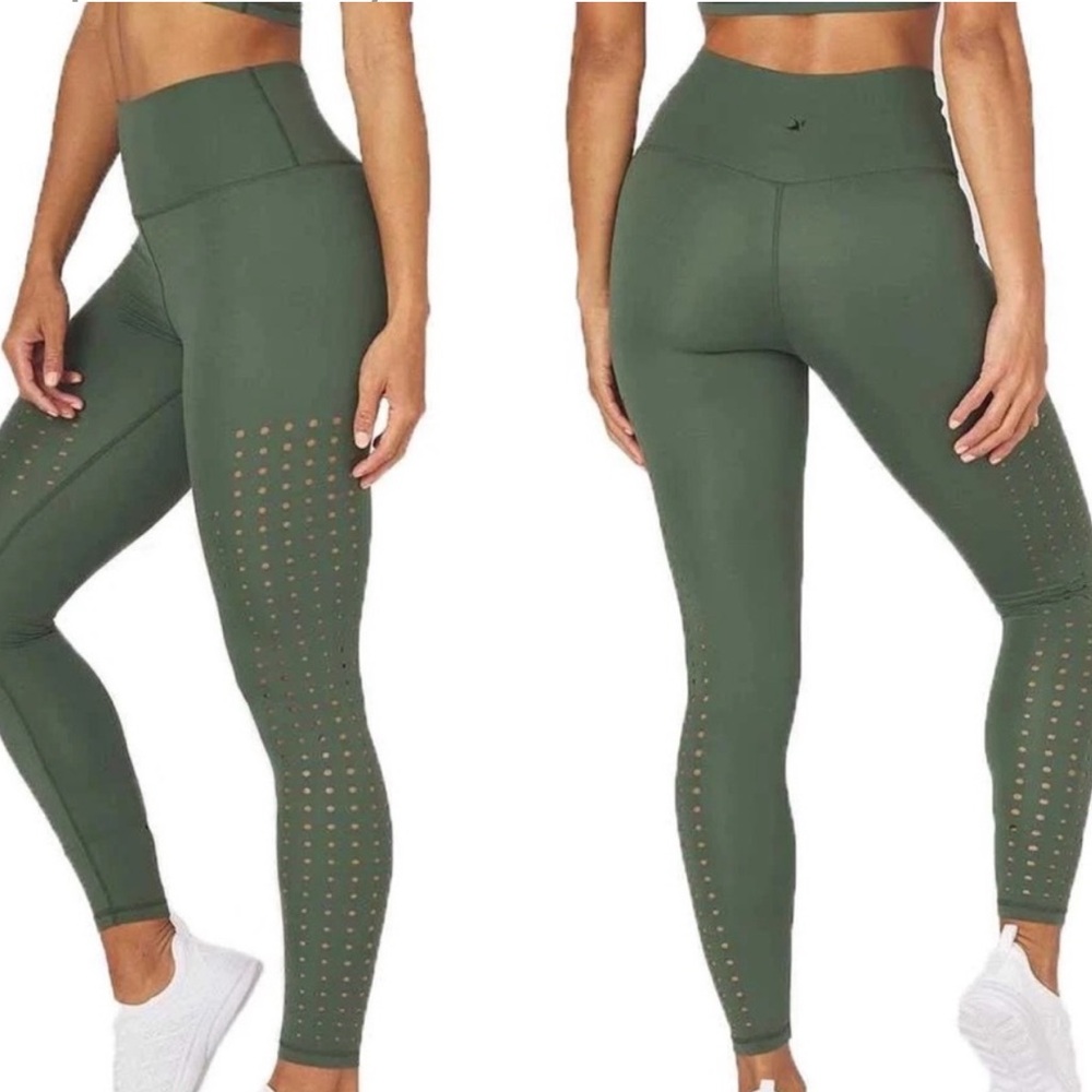 Glyder Optical Perforated Cutout Workout Leggings Olive Green Size Small